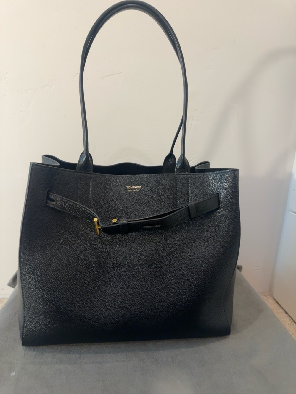 Tom Ford Audrey Medium Black Pebbled Leather Tote with Gold Accent